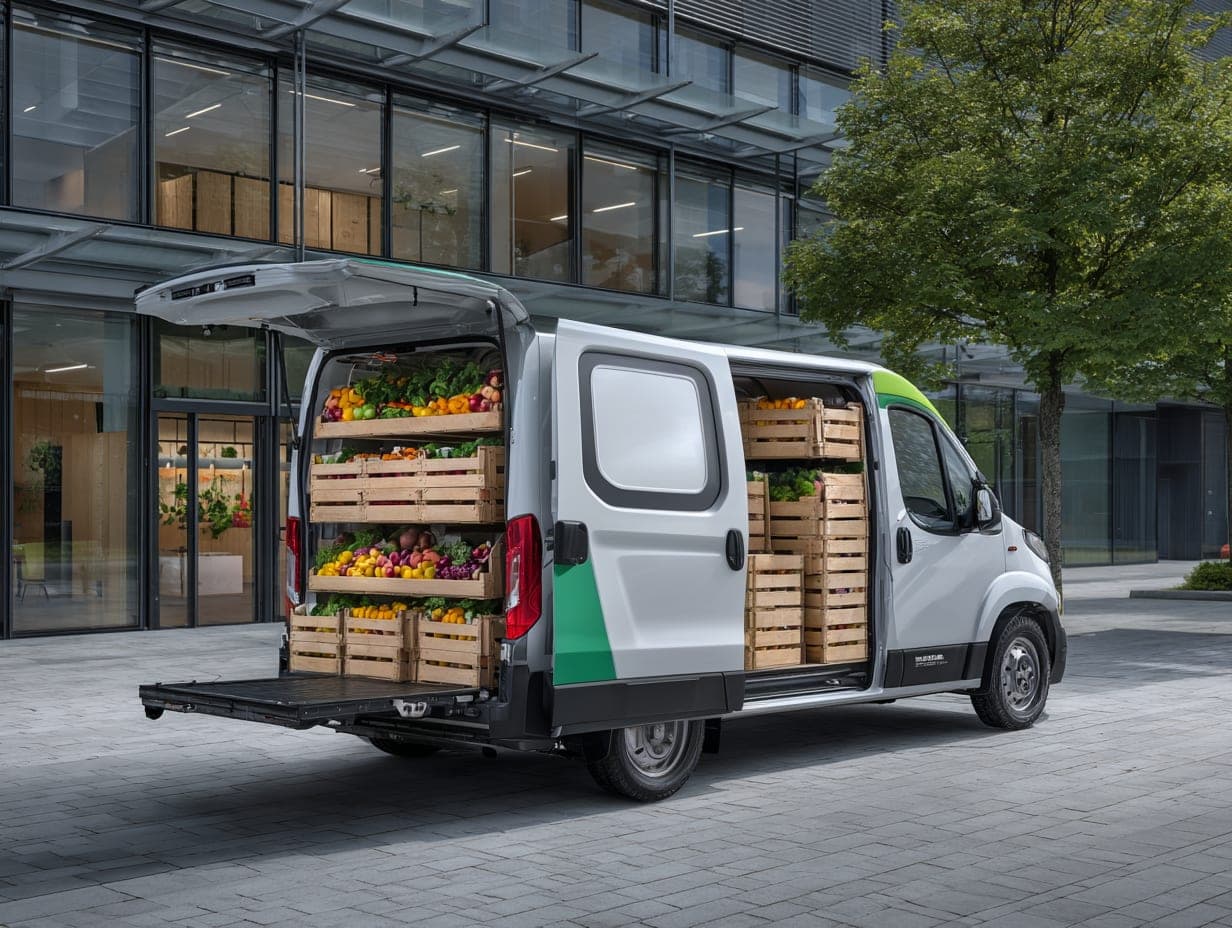 Lieferwagen mit geöffneten Türen, beladen mit Holzkisten voller Obst